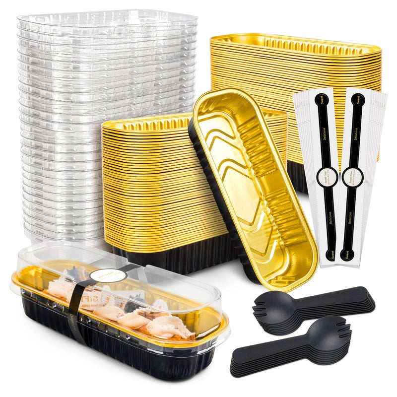NPLUX 100 Pack Mini Cake Pans with Lids and Spoons Black Gold Rectangular Aluminum Foil Baking Pans Mini Cheesecake Containers68oz - Image 2