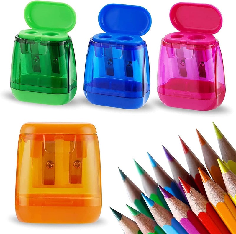 FUIN Pencil Sharpeners, 4 Pcs Pencil Sharpeners Manual, Colorful Compact Dual Holes Compact Colored Handheld Pencil Sharpener, with Lid for Kids, Adults, uitable for School,Office,Home - Image 1