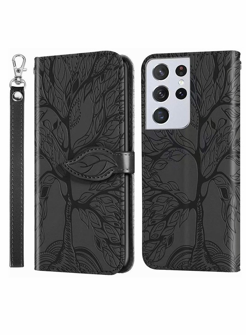 KASTWAVE Wallet Case for Samsung Galaxy S21 Ultra, Embossed Tree Premium PU Leather [Folio Flip][Kickstand][Card Slots][Wrist Strap][6.8 inches] Cover for Samsung S21 Ultra, Shockproof PC & TPU Bumper (Black) - Image 1