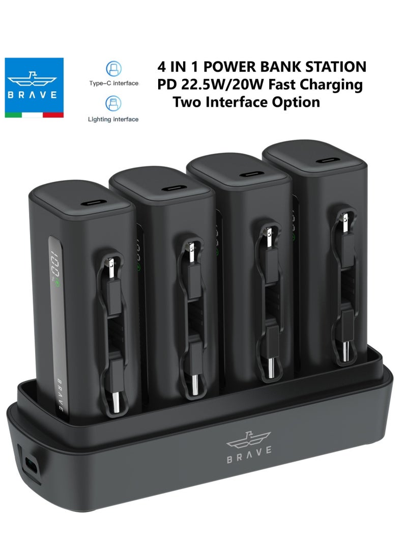 Brave - Power Bank Station Kit, Multi-Device Charging Dock, 4x 5000mAh Portable Charger Set with PD22.5W Type-C & PD20W Lightning, LED Display, Fast Charging External Battery for iPhone 16/15/14/13/12, Samsung S25/S24/S23/S22, iPad Pro, AirPods Pro, and More - USB-C Power Bank Charging Station (Black) - Image 1