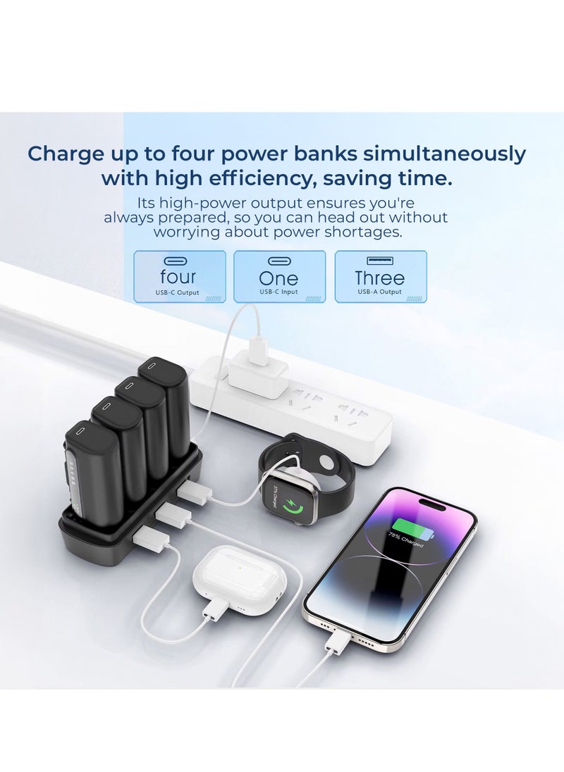 Brave - Power Bank Station Kit, Multi-Device Charging Dock, 4x 5000mAh Portable Charger Set with PD22.5W Type-C & PD20W Lightning, LED Display, Fast Charging External Battery for iPhone 16/15/14/13/12, Samsung S25/S24/S23/S22, iPad Pro, AirPods Pro, and More - USB-C Power Bank Charging Station (Black) - Image 1