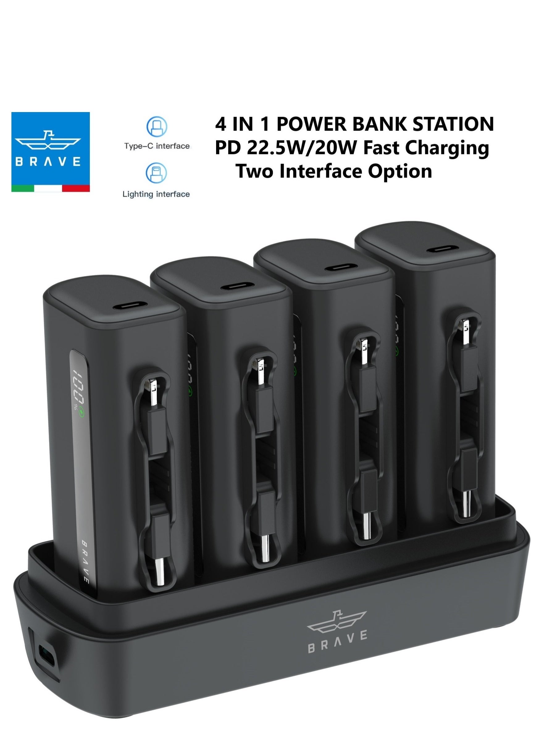 Brave Power Bank Station Set, Multi-Device Charging Dock, Portable Charger Bundle 4 x 5000mAh with PD22.5W Type-C & PD20W Lightning, LED Display, Fast Charging External Battery for iPhone 16/15/14/13/12, Samsung S24/S23/S22, iPad Pro, AirPods Pro, and More - USB-C Powerbank Charging Station (Black) 