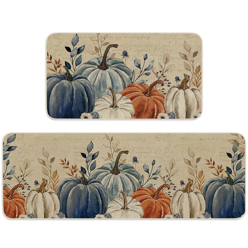 JarThenaAMCS Fall Pumpkin Kitchen Mats Blue Orange Pumpkin Leaves NonSlip Floor Mat Autumn Decorative Bathroom Rugs for Thanksgiving 17 x 29 Inch 17 x 47 Inch