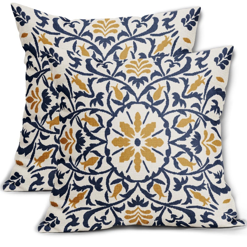 Navy Blue Yellow Boho Pillow Covers 18 X 18 Inch Bohemian Ethnic Carpet Style Vintage Flower Print Decorative Throw Pillows Outdoor Linen Cushion Case Farmhouse Decor for Home Sofa Bed Set of 2