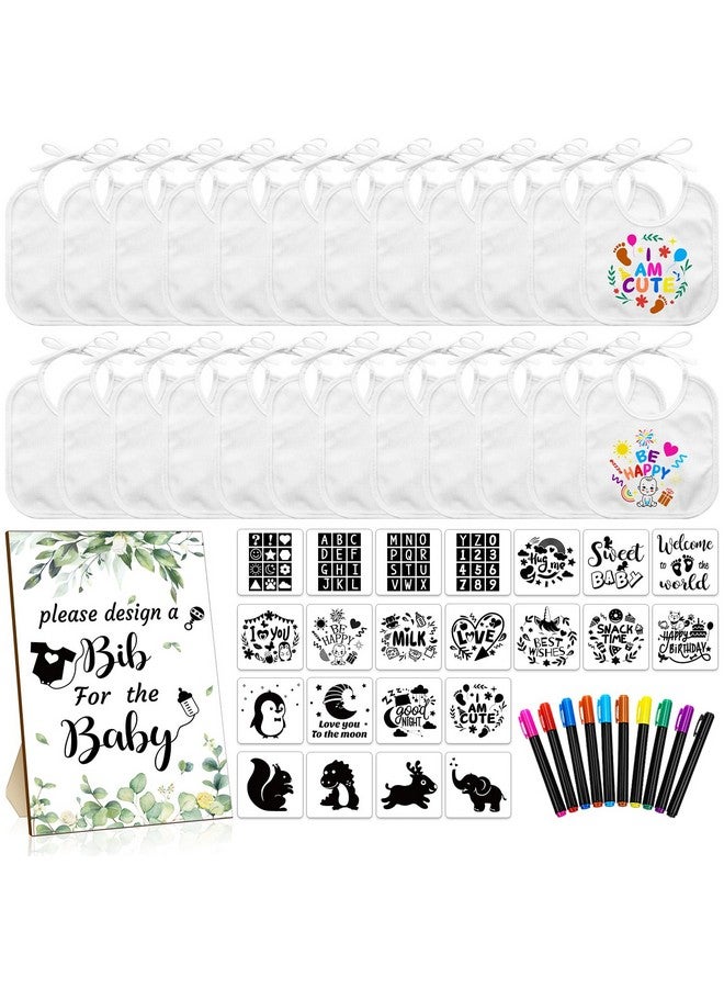Newwiee 55 Pcs Diy Baby Bibs Set Includes 22 White Feeder Bibs 22 Stencils 10 Fabric Markers 1 Wooden Baby Shower Game Sign (Greenery)  - Image 1