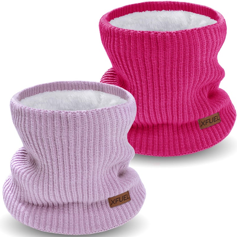 XFUEL Kids Neck Warmer, 2 Pack, Knitted Winter Neck Gaiter, Fleece Lined Infinity Scarf for Boys Girls (rose pink,purple) - Image 1