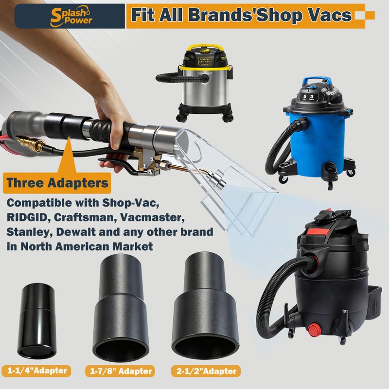 SplashPower Universal Fit Any Existing Shop Vac Hose Extractor Kit Better Attachment Wet-dry Vacuums with 2-1/2" 1-7/8" 1-1/4" Adapter for Carpet Cleaning, Upholstery & Auto Detailing - Image 4