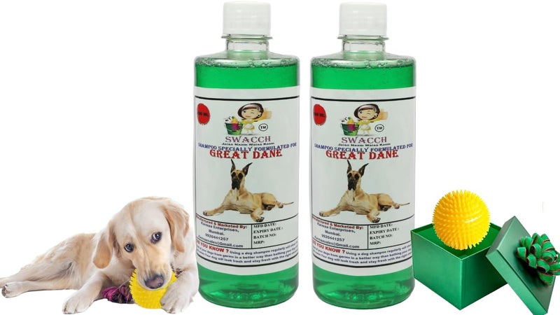 swacch Shampoo | Puppy Safe Shampoo | PH Balanced | Ditch to Itch for Great Dane Dog Shampoo 500ml Pack of 2 (Neem Alovera) + Spike Ball Chew Toy Combo Pack - Image 1
