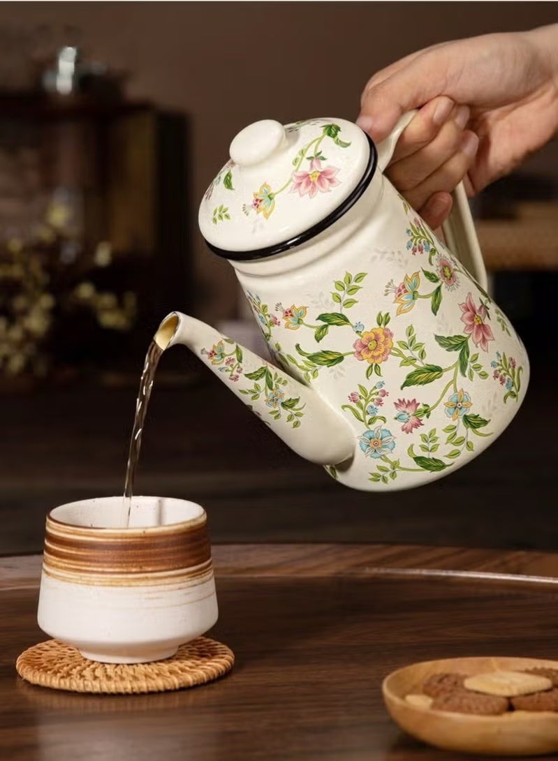 SILADEFU 1pc Enamel Coffee Pot,Floral Pattern Pour-Over Kettle,1.2L Large Capacity Coffee Pot,Handle Pot Coffee Pot Narrow Mouth Oil Pot Boiling Pot,Home Boiling Pot, Tea Pot,Suitable For Electric Stove Gas Brewing Coffee Or Tea - Image 4