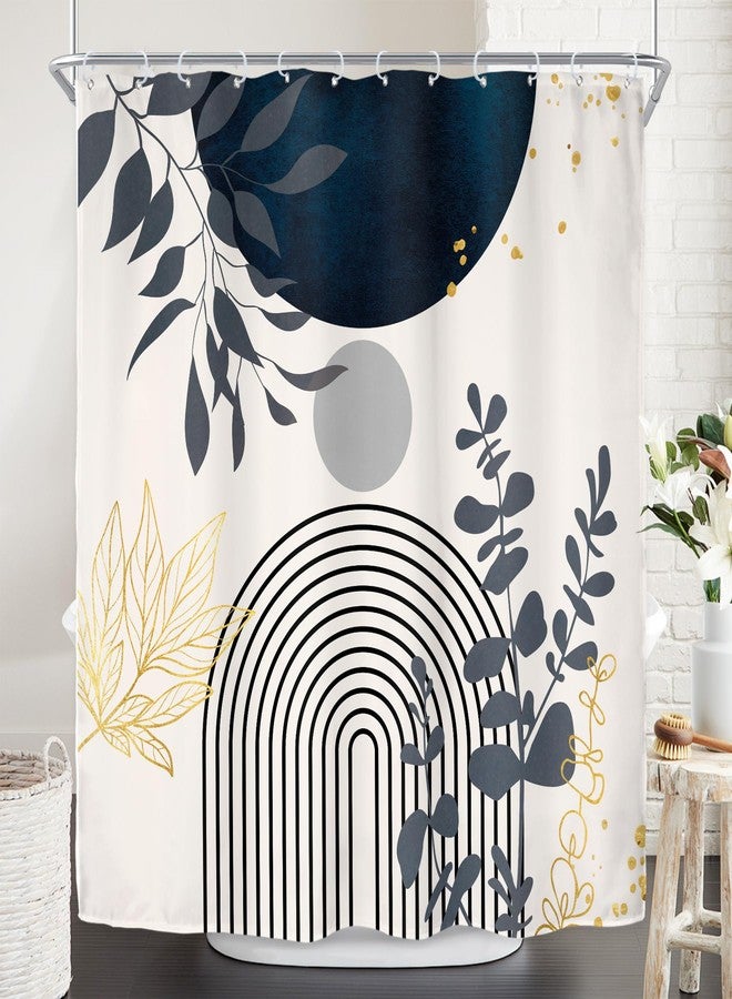 Riyidecor Boho Navy Blue Mid Century Shower Curtain,Modern Abstract Gold Leaves Fabric Cloth Bathroom Curtains,Minimalist Geometric Tropical Neutral Arch Sun Bathroom Decor Set with Hooks 72x72 Inch - Image 2