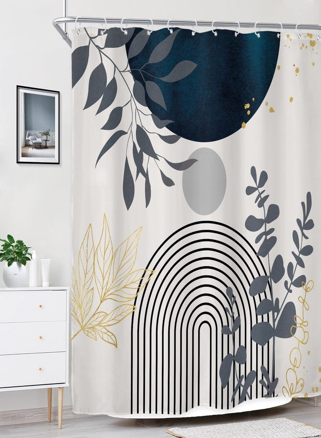Riyidecor Boho Navy Blue Mid Century Shower Curtain,Modern Abstract Gold Leaves Fabric Cloth Bathroom Curtains,Minimalist Geometric Tropical Neutral Arch Sun Bathroom Decor Set with Hooks 72x72 Inch - Image 3