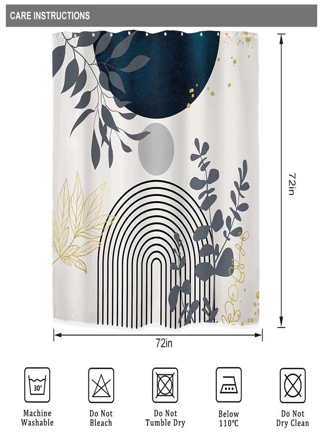 Riyidecor Boho Navy Blue Mid Century Shower Curtain,Modern Abstract Gold Leaves Fabric Cloth Bathroom Curtains,Minimalist Geometric Tropical Neutral Arch Sun Bathroom Decor Set with Hooks 72x72 Inch - Image 5