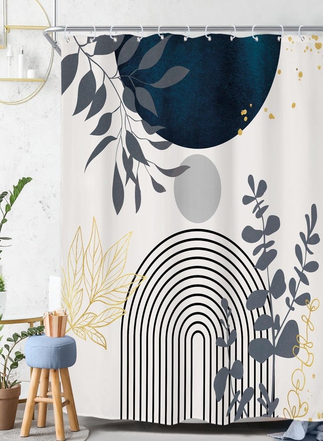Riyidecor Boho Navy Blue Mid Century Shower Curtain,Modern Abstract Gold Leaves Fabric Cloth Bathroom Curtains,Minimalist Geometric Tropical Neutral Arch Sun Bathroom Decor Set with Hooks 72x72 Inch - Image 1