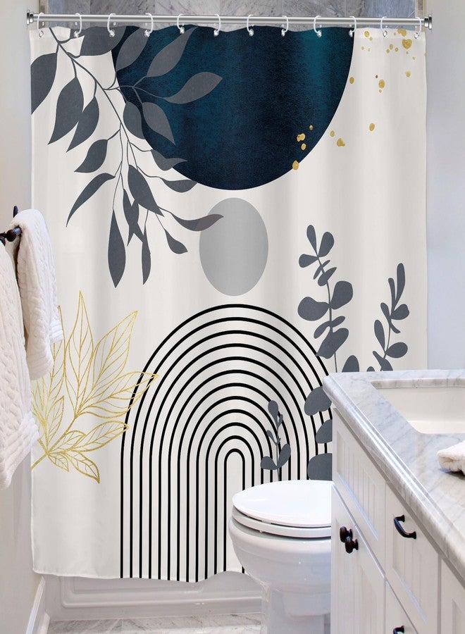 Riyidecor Boho Navy Blue Mid Century Shower Curtain,Modern Abstract Gold Leaves Fabric Cloth Bathroom Curtains,Minimalist Geometric Tropical Neutral Arch Sun Bathroom Decor Set with Hooks 72x72 Inch - Image 4