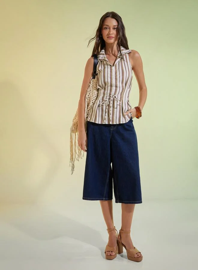 Styli Brown Striped Top with Tie-Waist