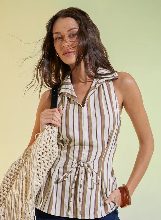 Styli Brown Striped Top with Tie-Waist