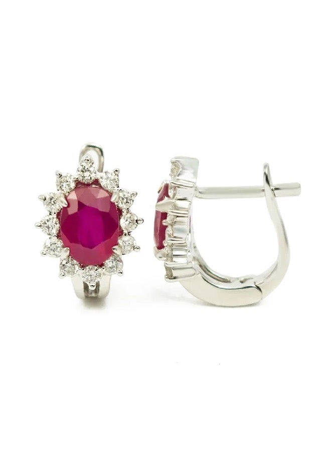 Capri Gold Ruby Diamonds Oval Earrings in 18K White Gold 