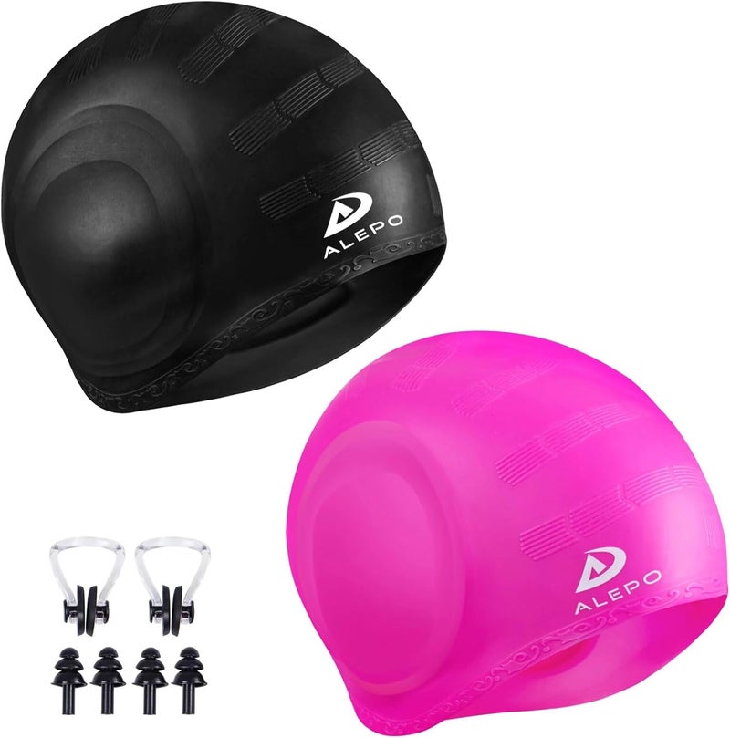 Alepo 2 Pack Unisex Swim Caps with 3D Ear Protection, Durable Flexible Silicone Swimming Hats for Women Men Kids Adults, Bathing Swimming Caps for Short/Long Hair with Ear Plugs&Nose Clip - Image 1