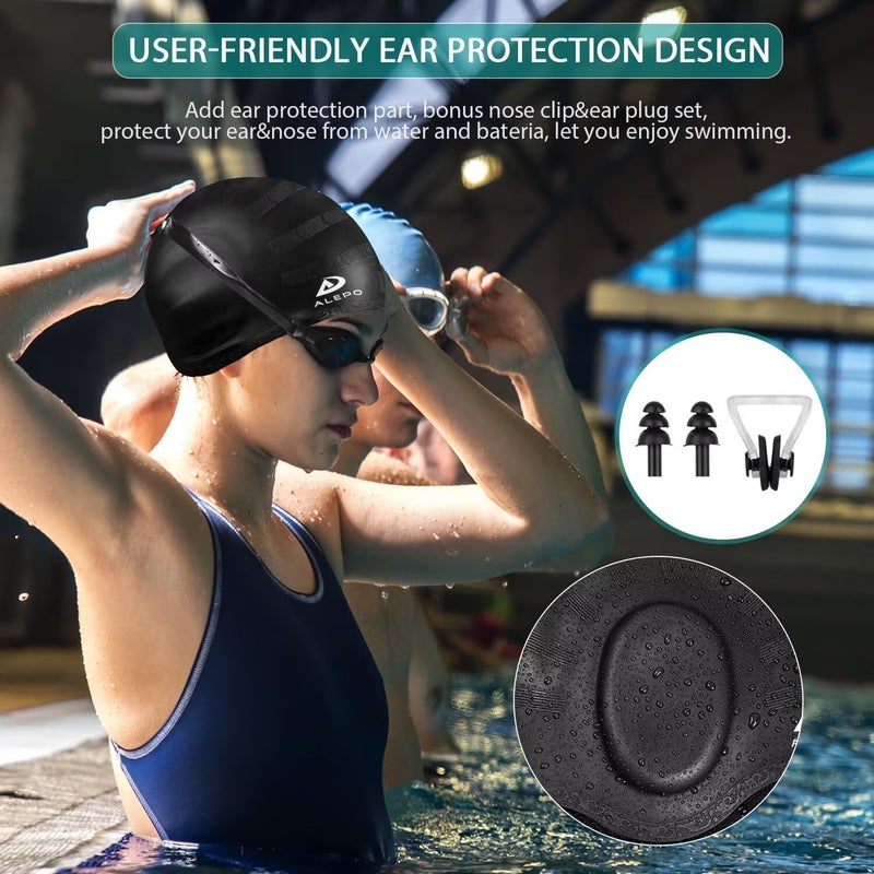 Alepo 2 Pack Unisex Swim Caps with 3D Ear Protection, Durable Flexible Silicone Swimming Hats for Women Men Kids Adults, Bathing Swimming Caps for Short/Long Hair with Ear Plugs&Nose Clip - Image 4