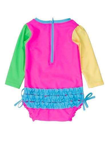 RuffleButts Baby Girls UPF 50 Sun Protection Novelty Print Long Sleeve One Piece Rash Guard Swimsuit with Zipper Neon Color Block 612m - Image 3