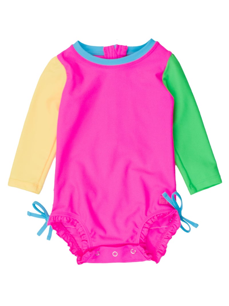RuffleButts Baby Girls UPF 50 Sun Protection Novelty Print Long Sleeve One Piece Rash Guard Swimsuit with Zipper Neon Color Block 612m - Image 2