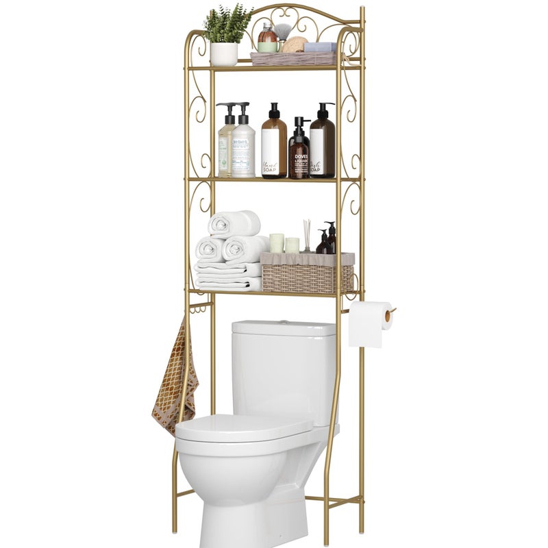 HOME BI Over The Toilet Storage Shelf 3Tier Over Toilet Bathroom Organizer Rack Freestanding Space Saver Toilet Stands with Hooks Gold