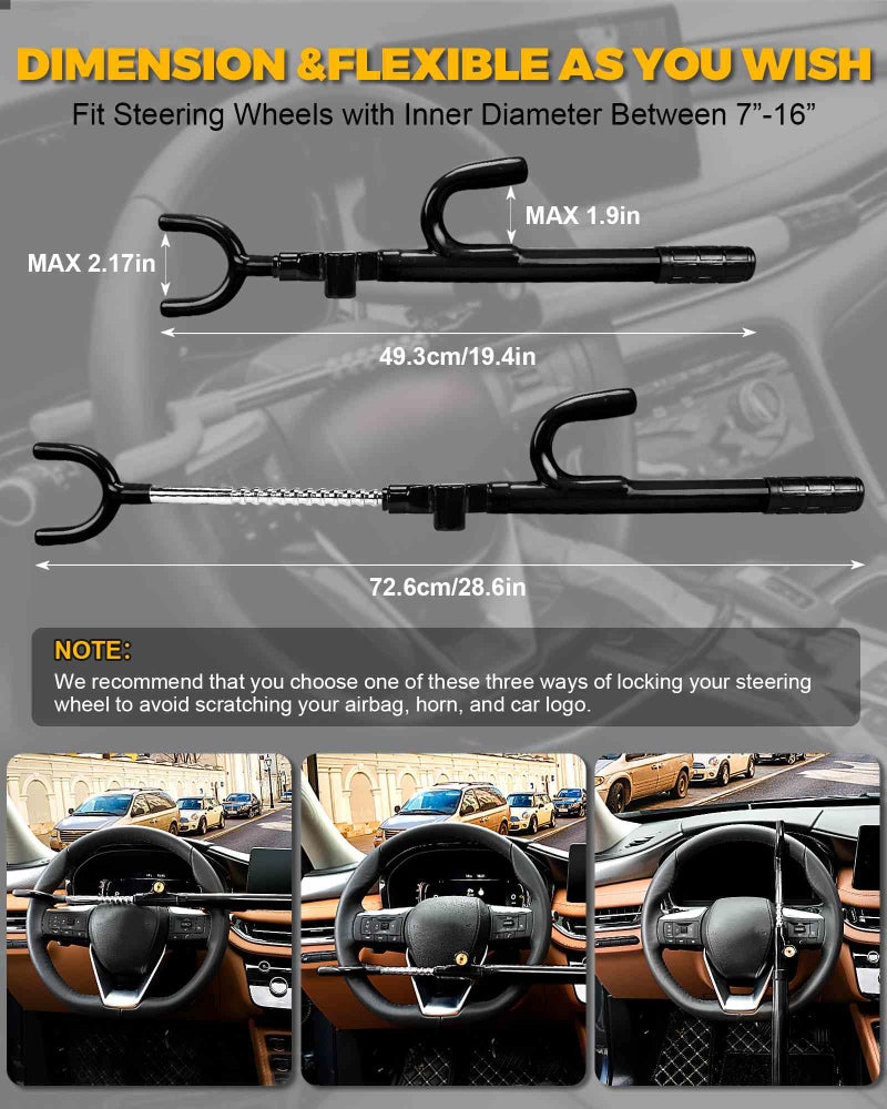 Tevlaphee Steering Wheel Lock Anti-Theft Device Security Car Lock Anti Theft Car Device Visible Antitheft Locking Devices Adjustable Car Wheel Lock for Cars with 3 Keys (Black) - Image 2