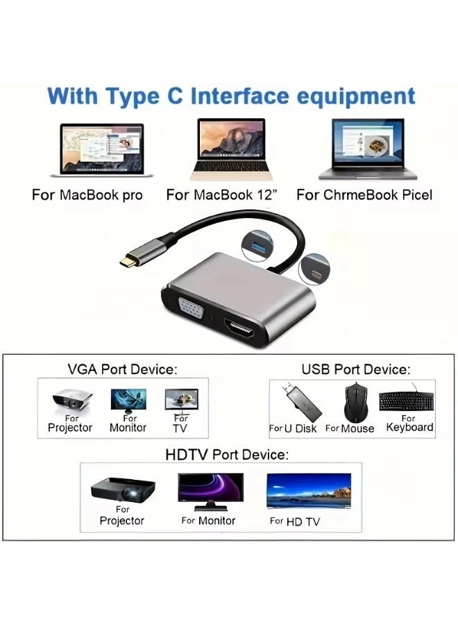 Digital Home Type-C to Hub PD HDTV+VGA+USB Adapter 4-in-1 USB-C Hub Docking Station, Type-C to 4K HDTV VGA Adapter, Fast Charging USB 3.0 PD Hub for All Laptops, MacBook, and MacBook Air - Image 3