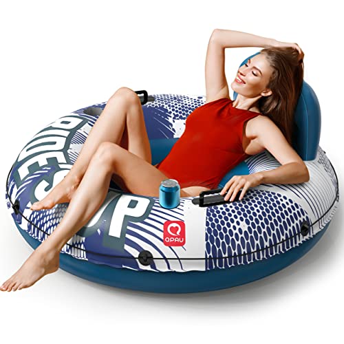 QPAU Inflatable River Tube 04 mm Thickened PunctureResistant Heavy Duty River Float River Raft with Ergonomic Backrest Mesh Bottom 2 Cup Holders for Family Friends Lake Float - Image 1