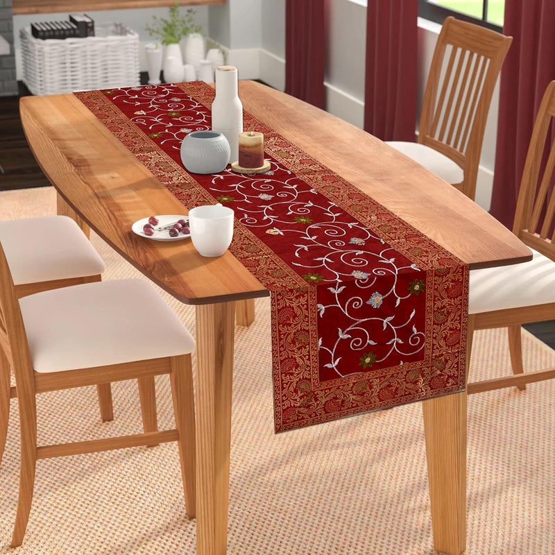 EEZRA Hand Embroidery Long Silk Table Runner 4 6 Seater Dinning Table Cloth Bed Runner White Table Runner 72 by 14 INCH Maroon