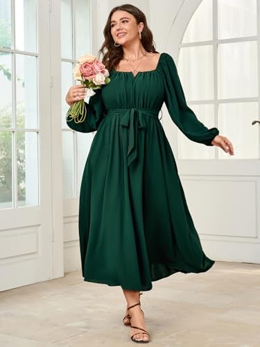 SCOMCHIC Women Plus Size Maxi Dress Long Sleeve Square Neck Wedding Guest Cocktail Belted Elegant Flowy A Line Long Dresses Emerald Green - Image 3