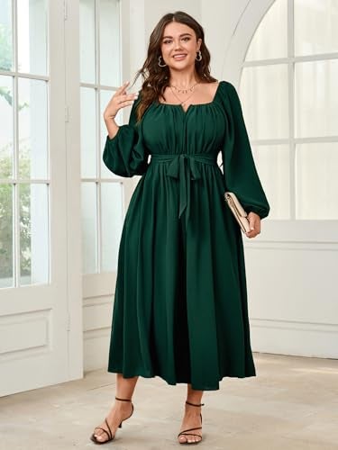 SCOMCHIC Women Plus Size Maxi Dress Long Sleeve Square Neck Wedding Guest Cocktail Belted Elegant Flowy A Line Long Dresses Emerald Green - Image 2