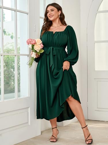 SCOMCHIC Women Plus Size Maxi Dress Long Sleeve Square Neck Wedding Guest Cocktail Belted Elegant Flowy A Line Long Dresses Emerald Green - Image 5