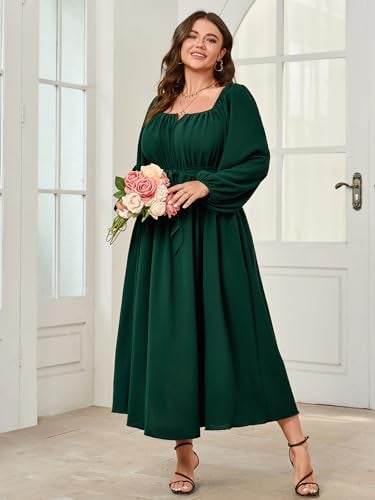 SCOMCHIC Women Plus Size Maxi Dress Long Sleeve Square Neck Wedding Guest Cocktail Belted Elegant Flowy A Line Long Dresses Emerald Green - Image 4
