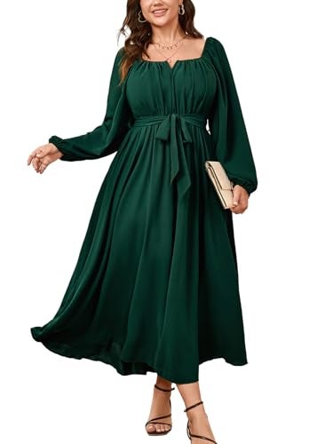 SCOMCHIC Women Plus Size Maxi Dress Long Sleeve Square Neck Wedding Guest Cocktail Belted Elegant Flowy A Line Long Dresses Emerald Green - Image 1