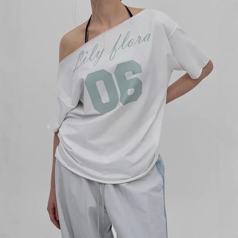 Jin Naying With South Korea Xiaozhong Dongdaemun Black * P Letter Printing Oblique Shoulder Short Sleeve T-Shirt Women'S Top - Image 3