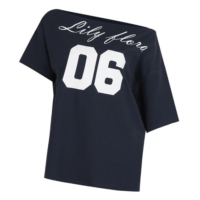 Jin Naying With South Korea Xiaozhong Dongdaemun Black * P Letter Printing Oblique Shoulder Short Sleeve T-Shirt Women'S Top - Image 1