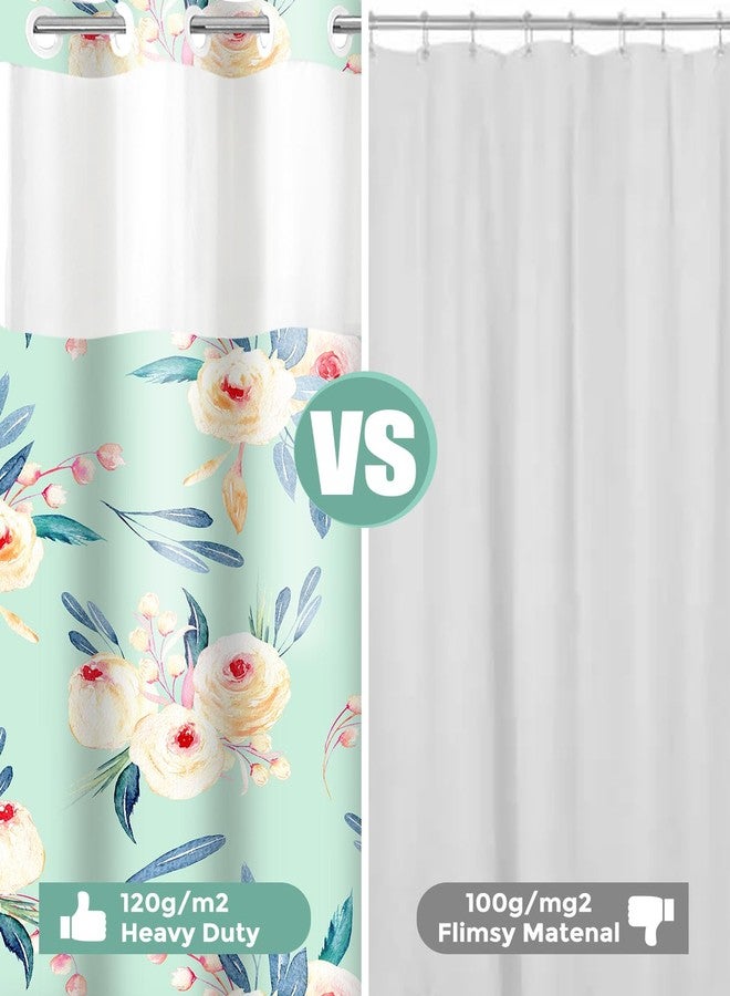 Amaredom Teal Floral No Hook Shower Curtain with Snap in Fabric Liner, Hotel Style Hookless Shower Curtain with See Through Mesh Top Window, 72x74 Inches - Image 2