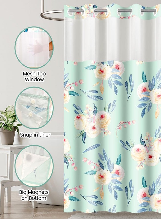Amaredom Teal Floral No Hook Shower Curtain with Snap in Fabric Liner, Hotel Style Hookless Shower Curtain with See Through Mesh Top Window, 72x74 Inches - Image 3