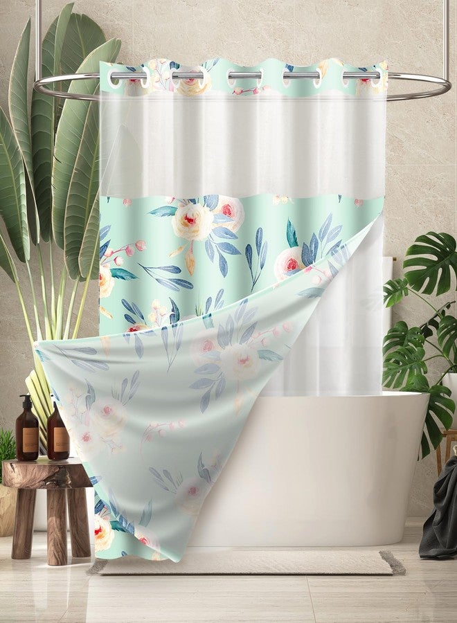 Amaredom Teal Floral No Hook Shower Curtain with Snap in Fabric Liner, Hotel Style Hookless Shower Curtain with See Through Mesh Top Window, 72x74 Inches - Image 1