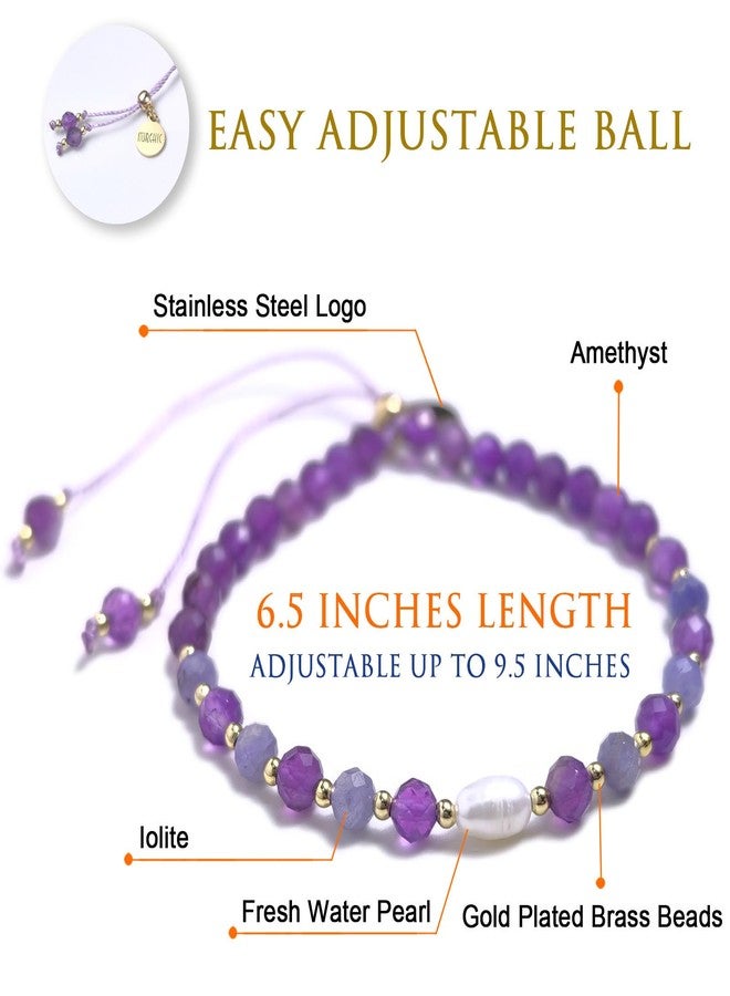 Morchic Easy Adjustable Bracelet: Amethyst, Iolite & Pearl, 14K Gold Plated - Women's Birthday Gift - Image 2