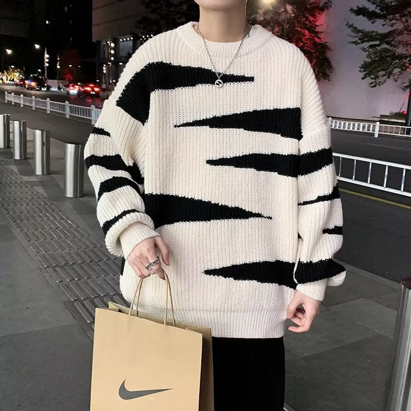 Color matching sweater mens autumn and winter niche high-grade plus size knitwear Japanese style lazy style ruffle handsome loose sweater Apricot 