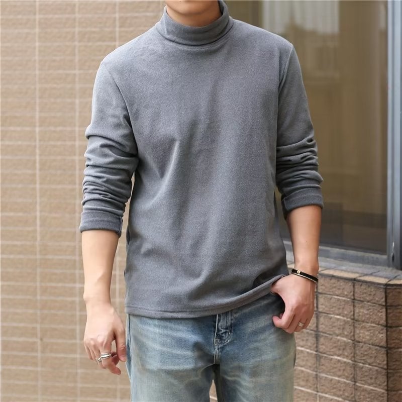 Niche Trendy Half Turtleneck Velvet Warm Bottoming Shirt Arm Elbow Patch Men'S Long Sleeve T-Shirt - Image 3