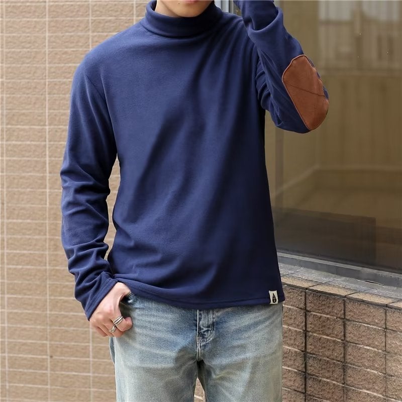 Niche Trendy Half Turtleneck Velvet Warm Bottoming Shirt Arm Elbow Patch Men'S Long Sleeve T-Shirt - Image 1