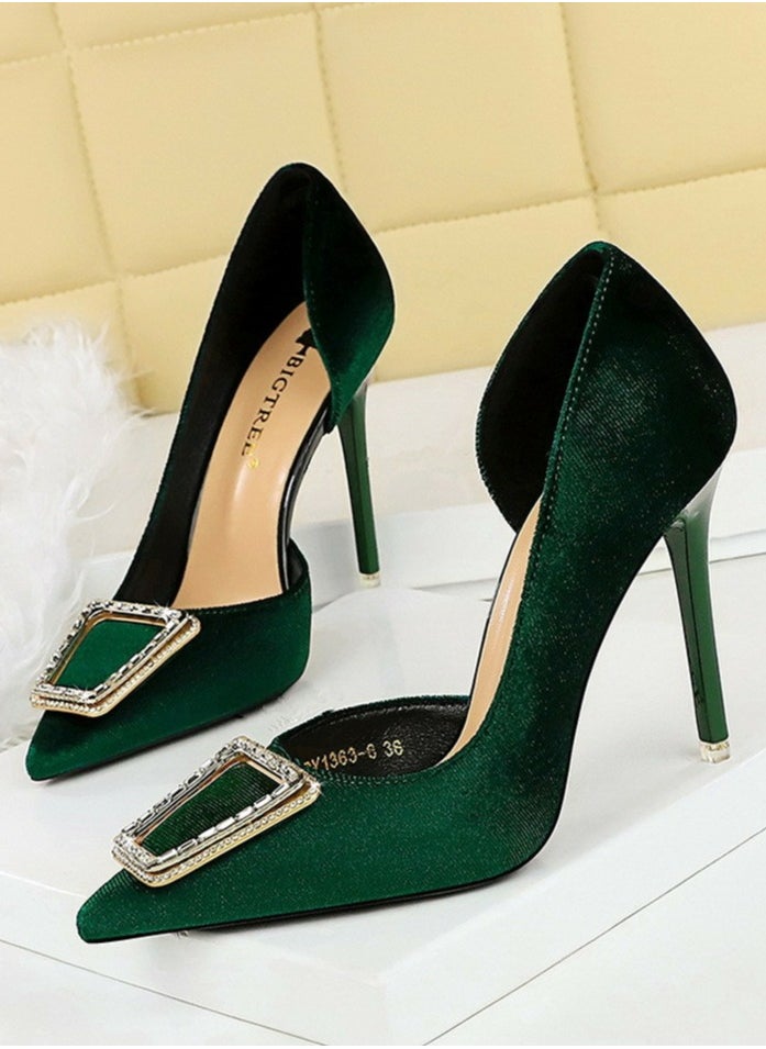 BIGTREE Women's Velour Closed Pointed Toe High Heels Party Stiletto Pumps Green 10.5CM  - Image 1