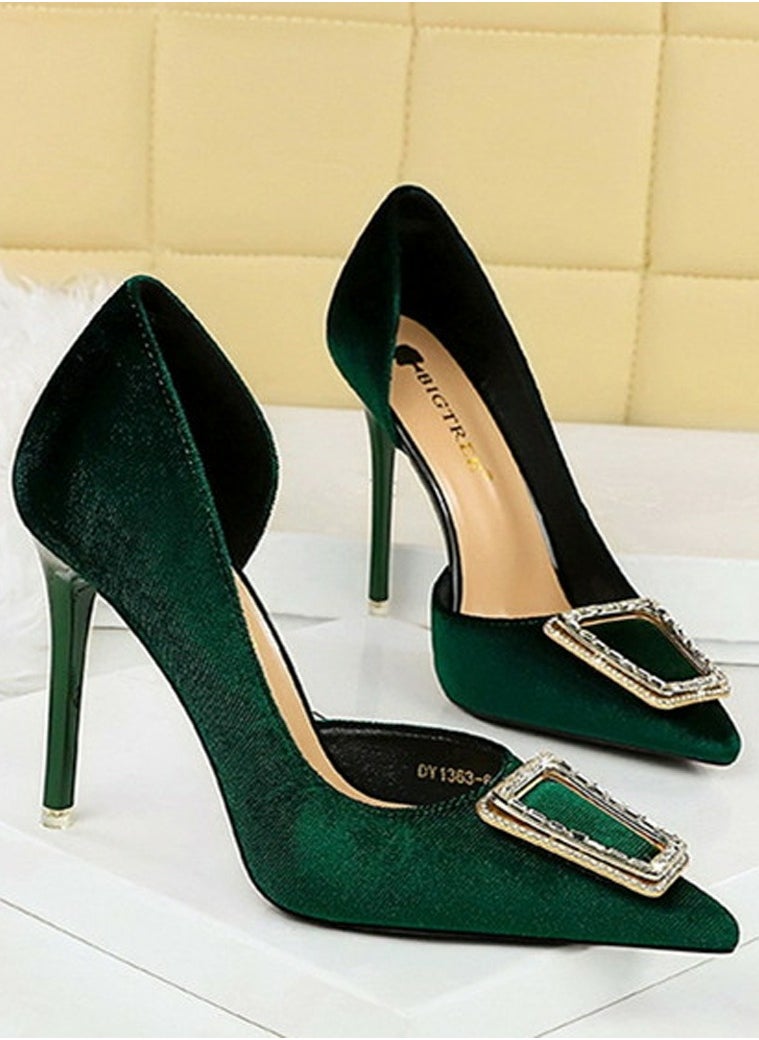 BIGTREE Women's Velour Closed Pointed Toe High Heels Party Stiletto Pumps Green 10.5CM  - Image 2