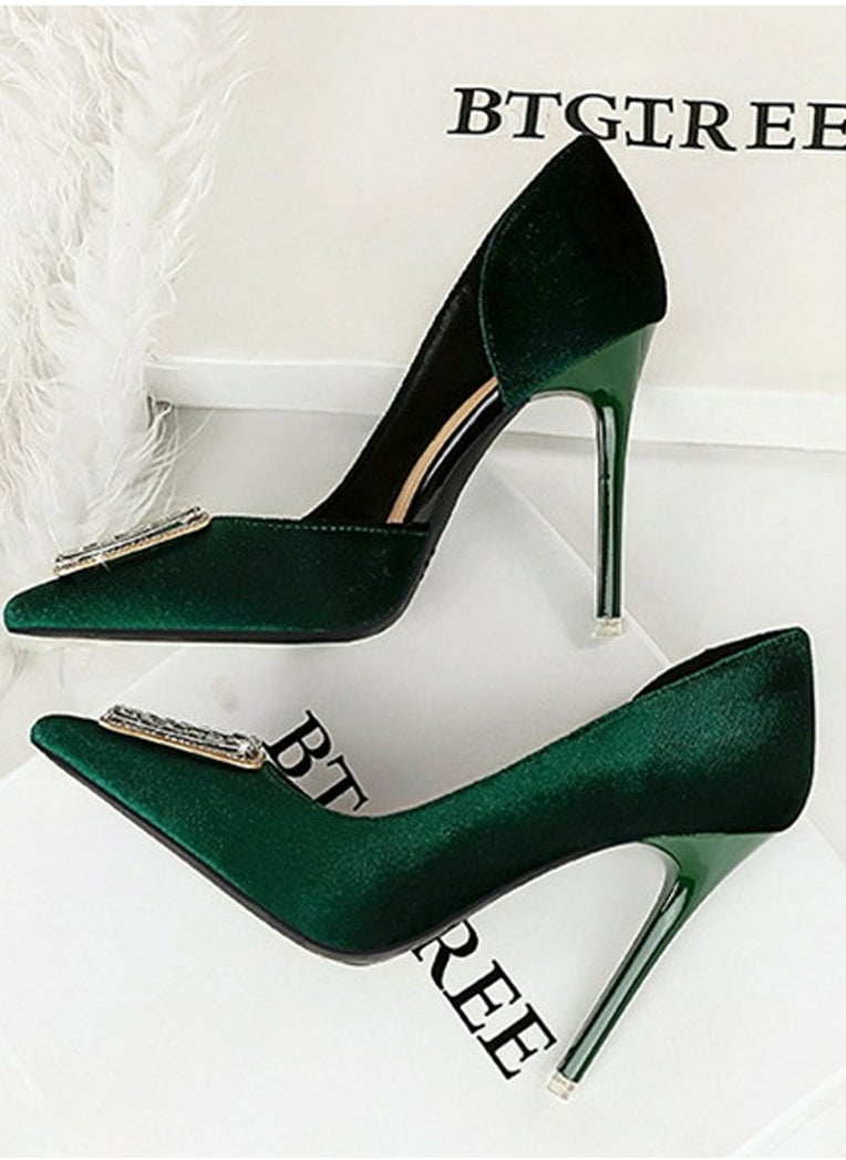 BIGTREE Women's Velour Closed Pointed Toe High Heels Party Stiletto Pumps Green 10.5CM  - Image 3