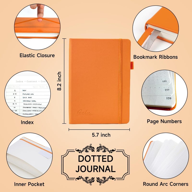 Feela Dotted Journal Kit, Dot Grid Journal Hardcover Planner Notebook Set For Beginners Women Girls Note Taking with Journaling Supplies Stencils Stickers Pens Accessories, A5, 224 Pages, Orange - Image 2