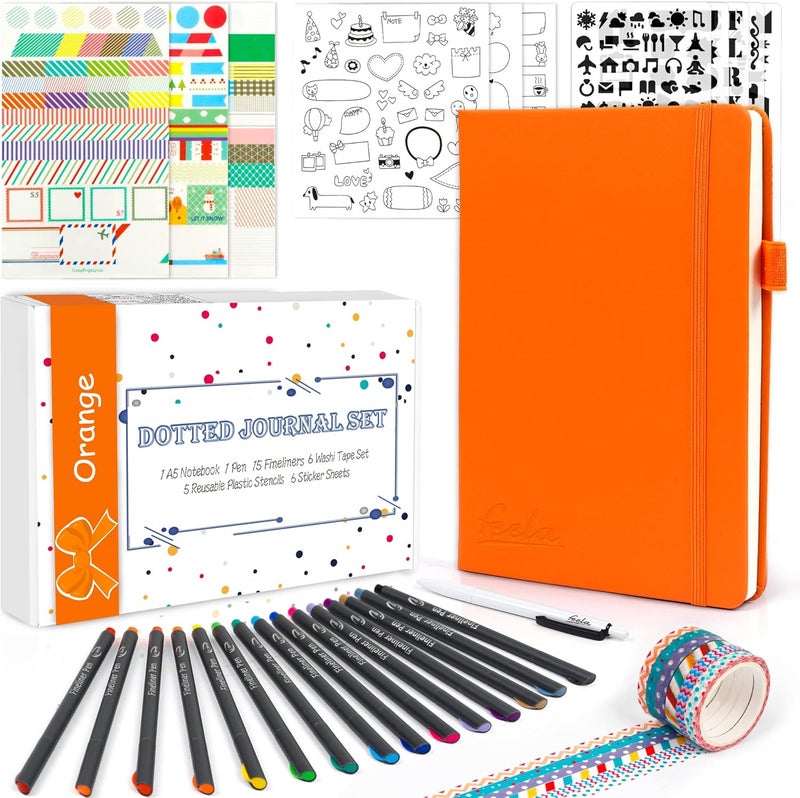 Feela Dotted Journal Kit, Dot Grid Journal Hardcover Planner Notebook Set For Beginners Women Girls Note Taking with Journaling Supplies Stencils Stickers Pens Accessories, A5, 224 Pages, Orange - Image 1