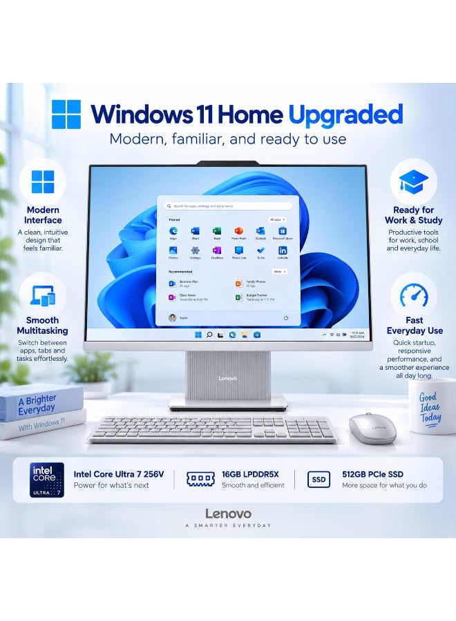 لينوفو Lenovo IdeaCentre AIO 27 Desktop PC, 27" FHD IPS Display, Intel Core Ultra 7 256V Processor, 16GB LPDDR5X RAM, 512GB PCIe SSD, Upgraded to Windows 11 Home, Cloud Grey Cloud Grey - Image 4